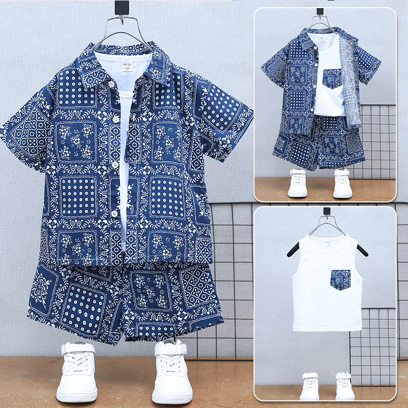 Boys' Summer Short-sleeved Suit  New Baby Online Popular Casual Clothes Children's Holiday Style Shirt Three-piece Set