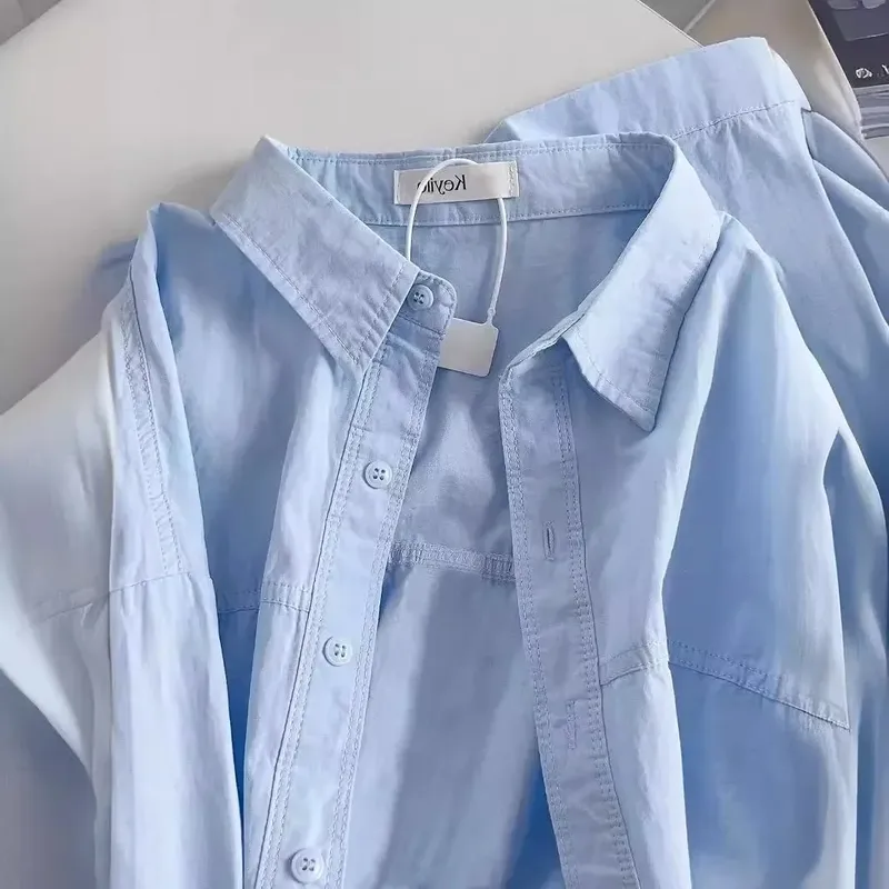 Plus Size Women's Clothing Summer Blue Pure Cotton Shirt Women's Slimming All-match Stacked Base Inner Shirt Long-sleeved Top