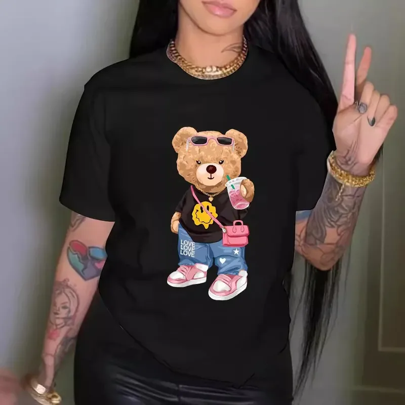 Foreign Trade In Stock Summer Printing Fashion Cool Bear Printing T-shirt Short Sleeve Round Neck Casual Top Summer Women's Clothing