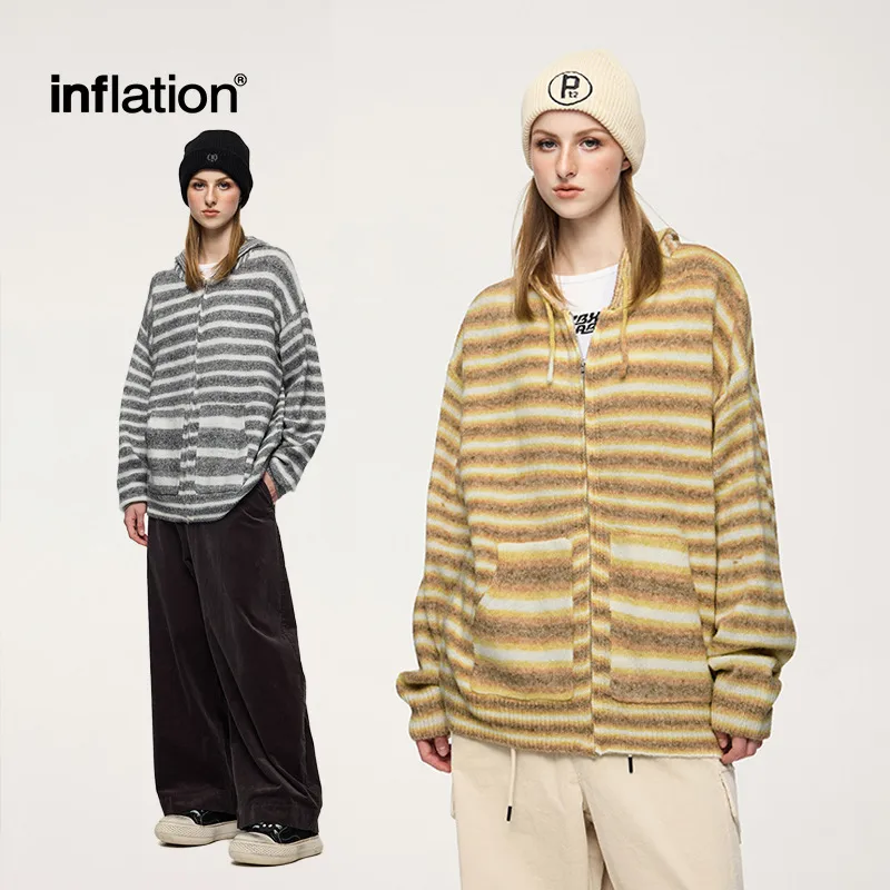 Inf Men's Wear | Striped Hooded Woolen Cardigan  Autumn And Winter New Street Contrast Color Jacket Retro Stripesd Top