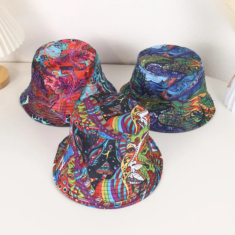 Women's Hip-Hop Vacation Facial Makeup Printing Wide Eaves Bucket Hat