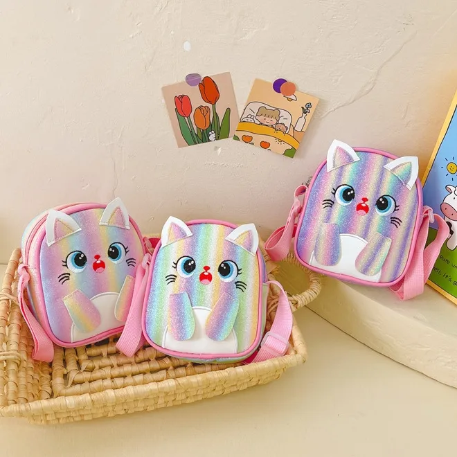 Kitten Embroidered Rainbow Children's Bag Crossbody Bag Baby Girl Cute Fashion Princess Bag Small Schoolbag Shoulder Bag