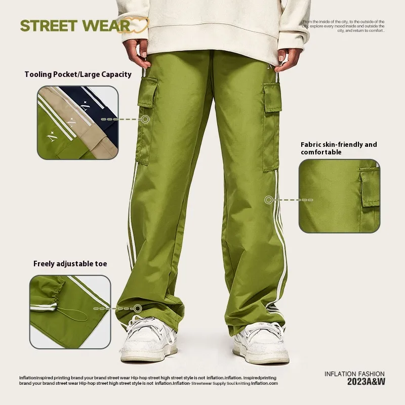 INF Men's | Street Retro Sports Casual Pants Spring And Summer Loose Parallel Bars Side Striped Wide Leg Overalls Men's