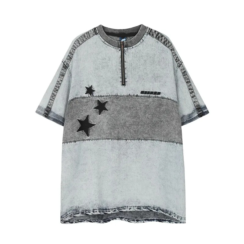 Jiayiku Men's Clothing Vintage American Street Fashion Brand T-shirt Color Matching Denim Washed Distressed Zipper Collar Short Sleeve T-shirt