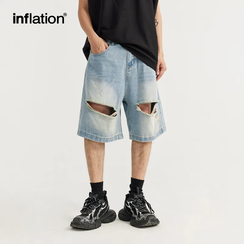 INF Men's Clothing | Shredded Ripped Denim Shorts  Spring And Summer New Fashion Brand Street Loose Distressed Personality Shorts