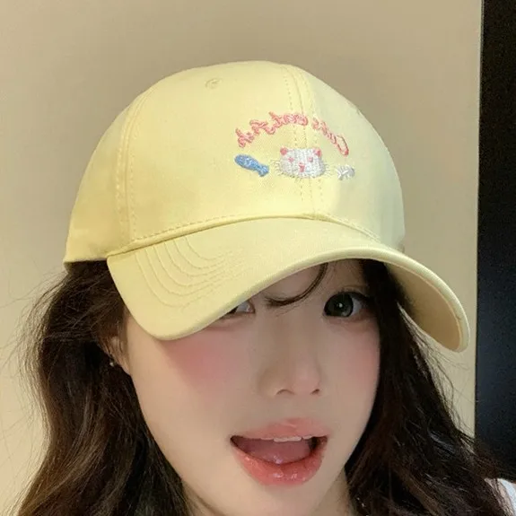 Cute Kitten Embroidered Baseball Cap Women's Spring And Summer Big Head Wide Brim Showing Face Small Cap New Style All-match Hat