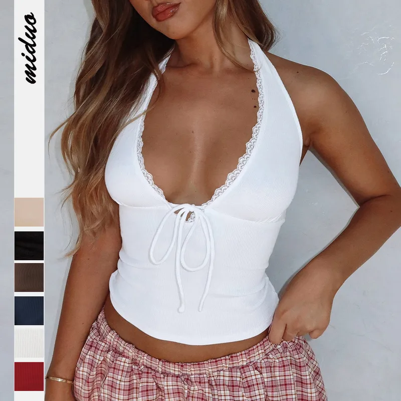 Explosions Spice Girl Short Beautiful Back Top Pure Want To Tie Bow Neck Sling Vest For Women In Summer