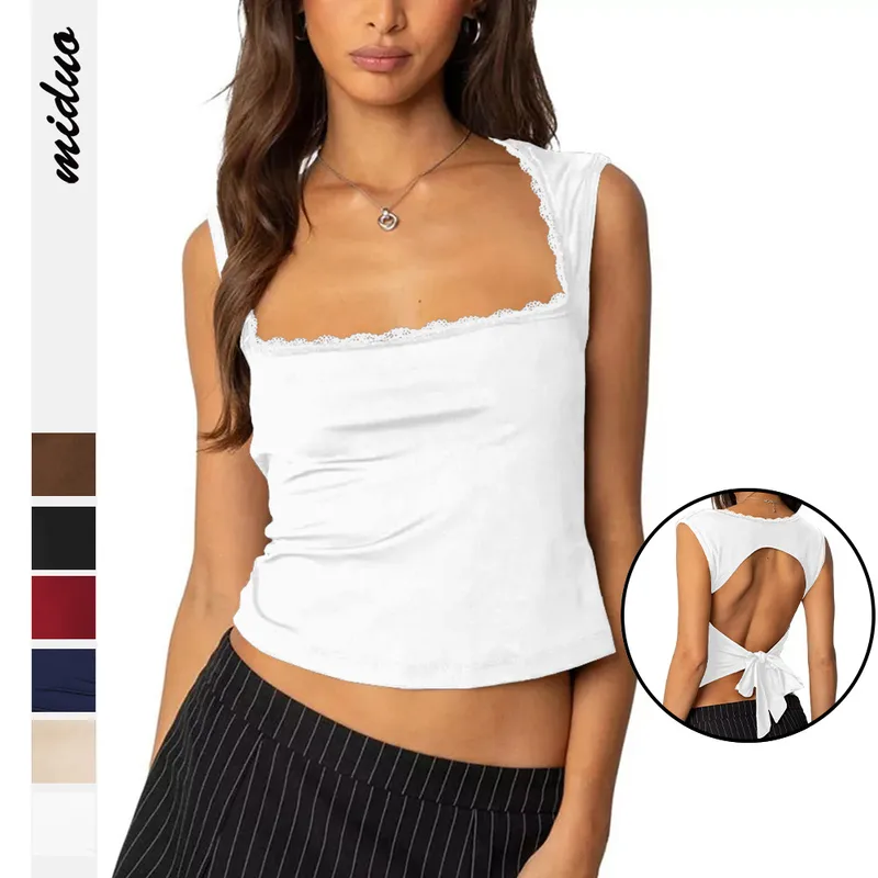 Women's Y2g Top Vest Solid Color Sexy Lace Square Collar Sleeveless  Bandage Halter Tops