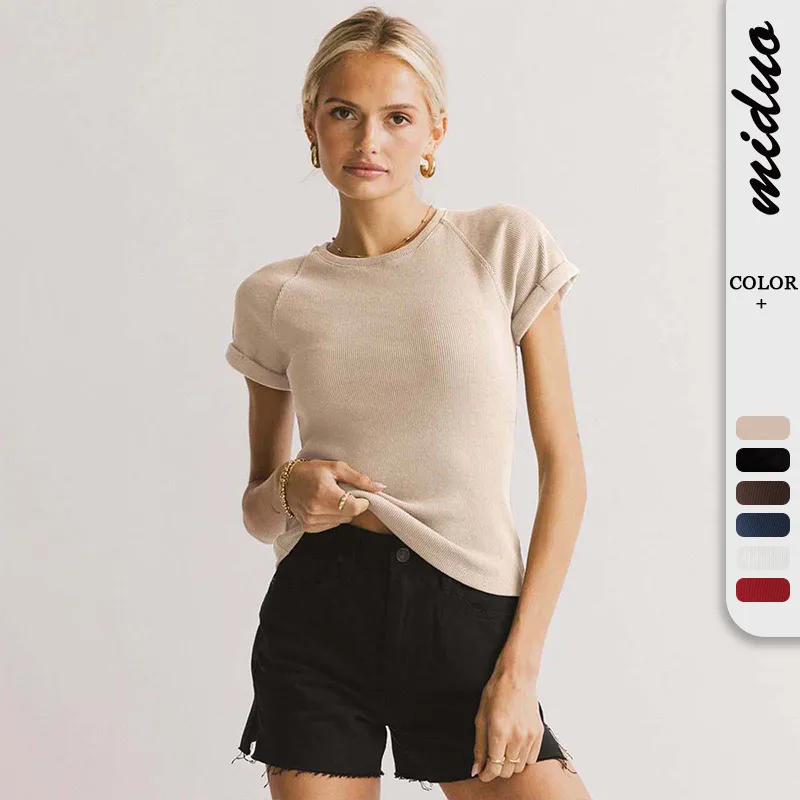 Foreign Trade New Solid Color Knitted Round Neck Shoulder Short Sleeve T-shirt Y2g Hot Girl Style Slim Fit Slim Fit Versatile Top