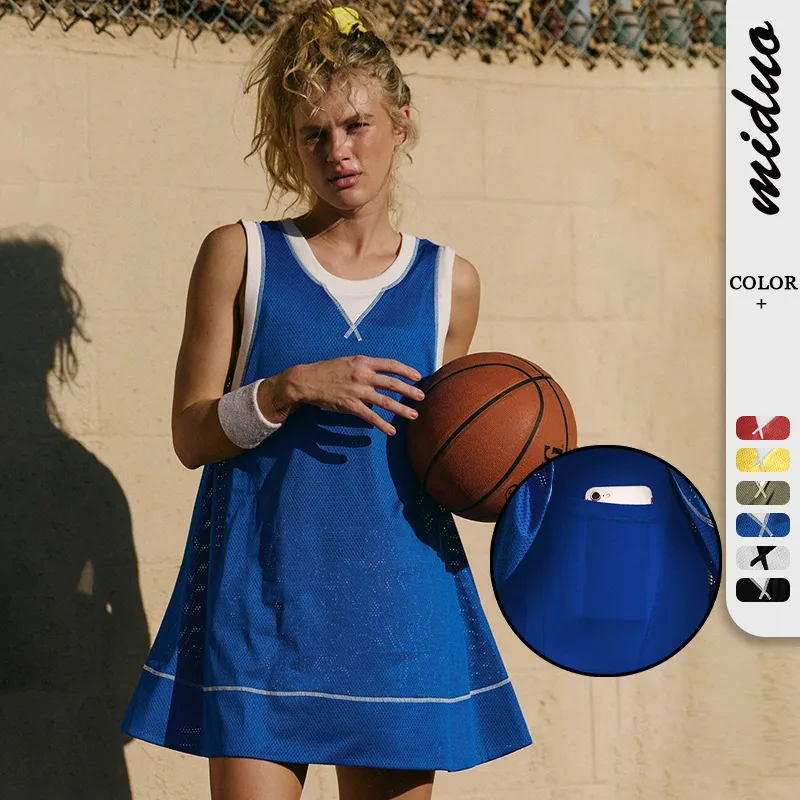 Summer   Style Contrast Color Hole Net Long Sleeveless Vest Light Transparent Pocket High Waist Shorts Two-Piece Set