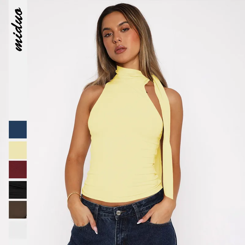 Style Personality Street Sexy Half Turtleneck Ribbon Comfortable Cold-Shoulder Elegant Elegant Vest For Women