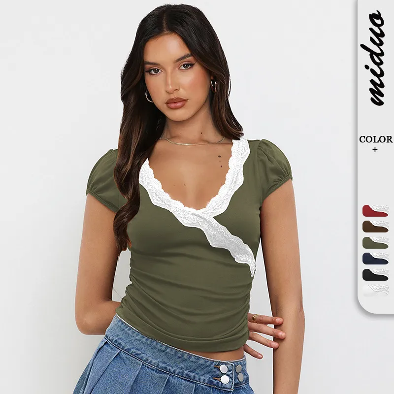Summer  New Fashion Lace Stitching Color Contrast Shoulder Short-sleeved T-shirt Slim-fit V-neck Short Top
