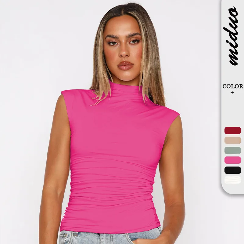 Fashion  Sexy Women's Half-turtleneck Sleeveless Elegant Small Vest Pleated All-match Base Short Top