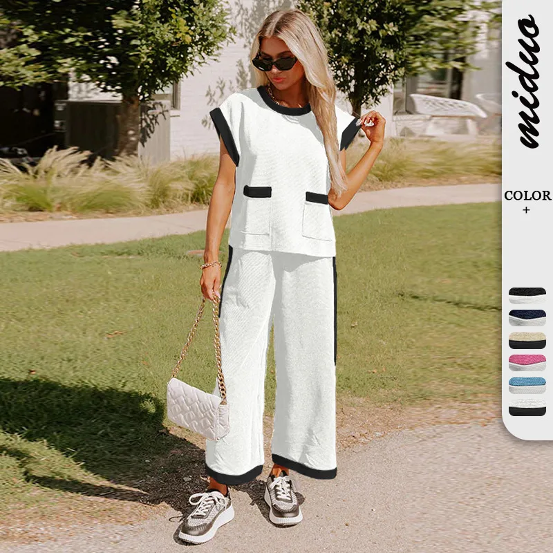 Hot Selling  Spring And Summer New Simple Stitching Color Contrast High-grade Elegant Commuter Crewneck Two-piece Suit Set