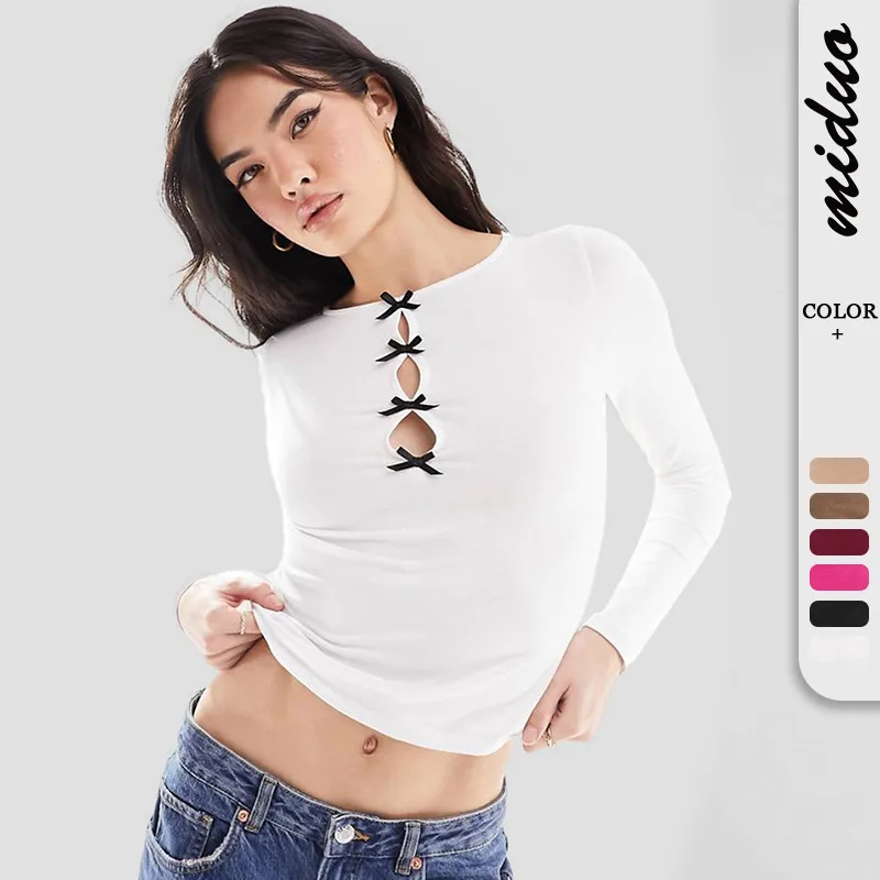 -style New Y2K Sexy Spice Girl Spring And Summer Slim-fit Hollow Bow Decorative Long-sleeved Top T-shirt