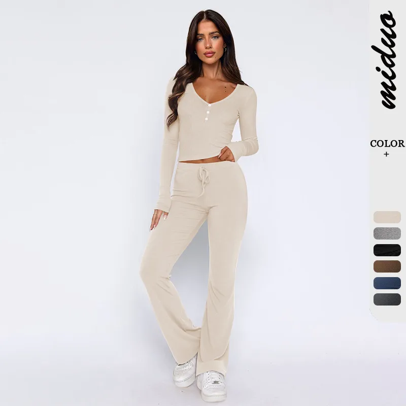 Autumn And Winter Hot Sale Foreign Trade Women's Slim-fit Sexy Button Long Sleeve Top Lace-up Trousers Fashion Two-piece Set