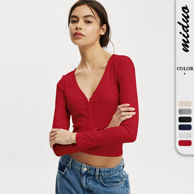 Fashion  Knitted Navel Short Long Sleeve Slim Slim Top Button V-Neck Autumn And Winter Base Shirt