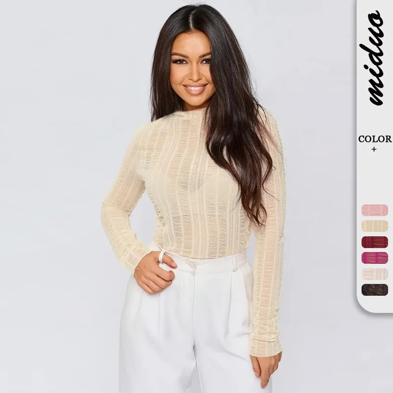Fashion Women's Sexy Hollow New Long Sleeve Y2K Lace Top T-shirt Versatile Solid Color Blouse