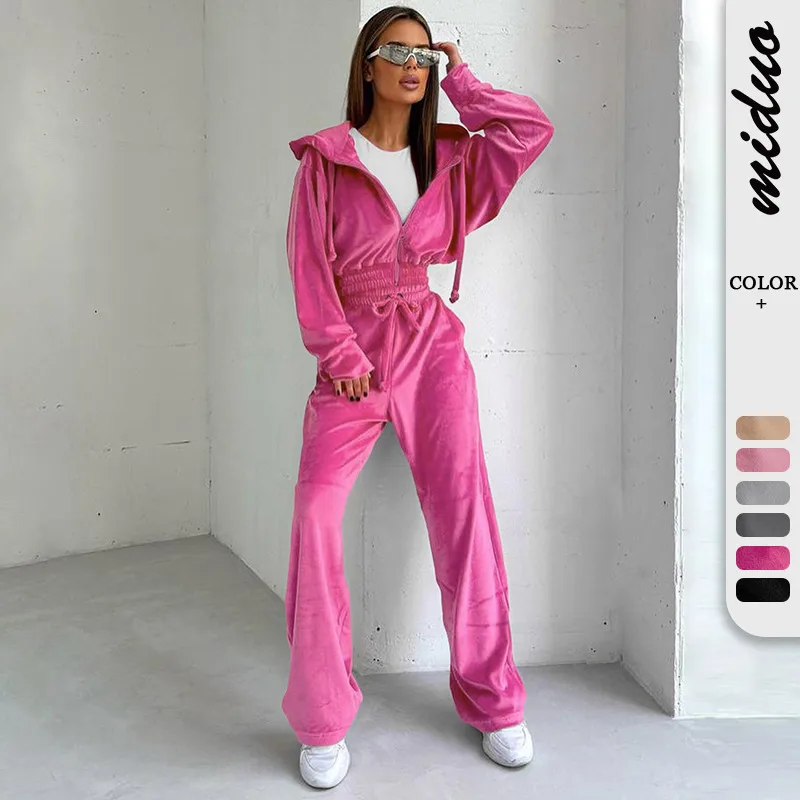 Silver Fox Velvet Hooded Sweater Suit  Autumn And Winter Fashion Waist Short Coat Pants Two-piece Set