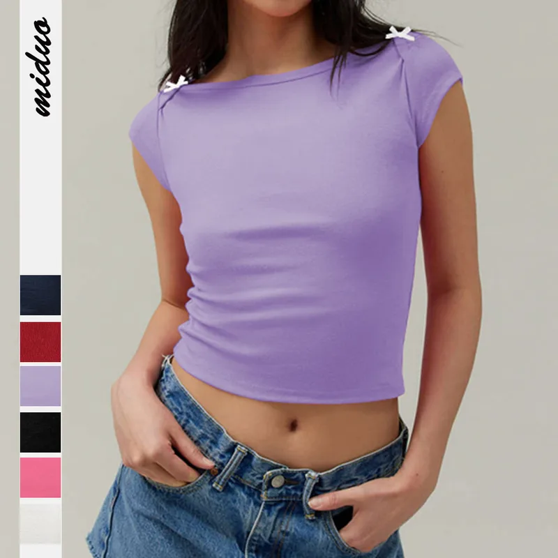 Designed   Spring And Summer New Fashion Trend Solid Color Shoulder T-shirt Bow Decoration Slim Top
