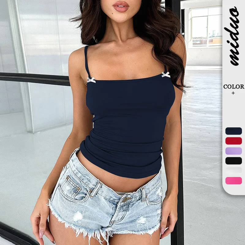 Eaby   Y2K Sexy Spice Girls Solid Color Ultra Short Fashion Camisole Bow Decoration Spring And Summer