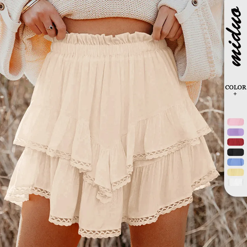 Women's Casual Bohemian Pleated Double-layer Skirt Fashion High Waist Solid Color Short Skirt Spring And Summer