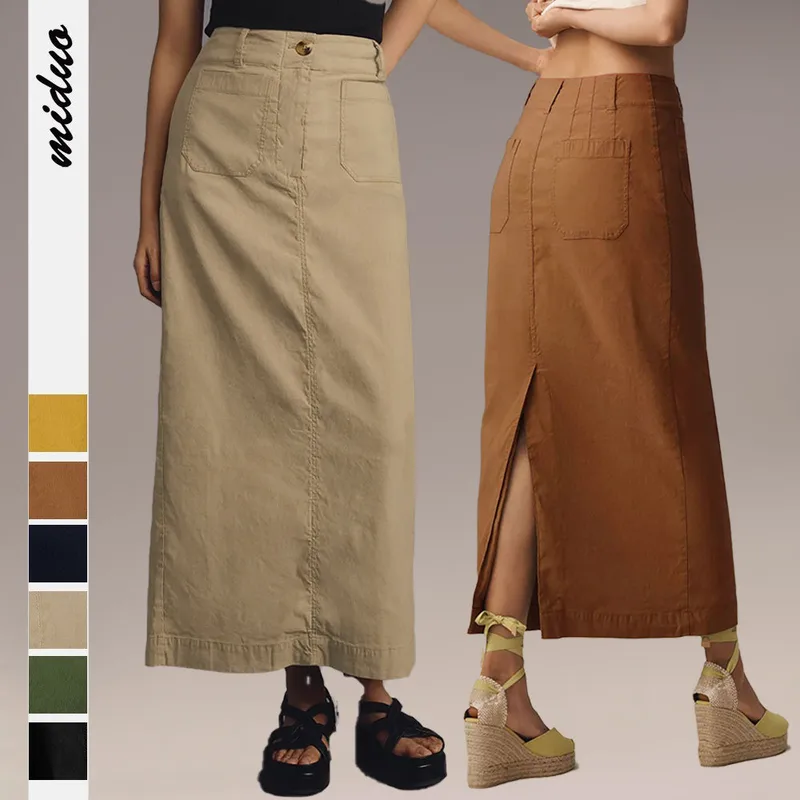 American Style Retro Straight Long Dress Autumn High-end Sense Pocket Skirt Commuter Style Solid Color Elegant Casual Workwear Skirt