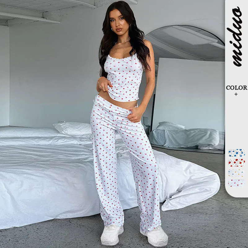 Foreign Trade  Y2K Women's Lace Strap Top Trousers Digital Printing Two-piece Sexy Suit Women