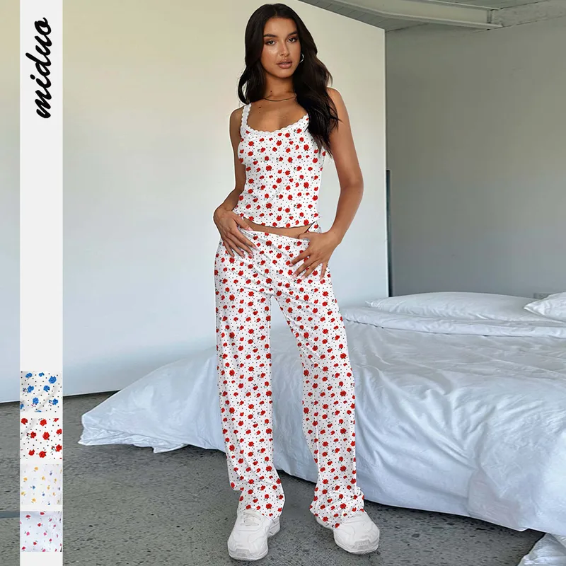 Lace Digital Printing Sling Casual Pants Two-Piece Women's Summer Suit Women's Casual Wear