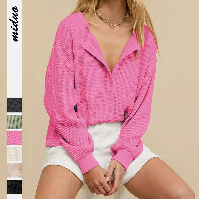 Hot Sale  New Button Waffle Loose Casual Commuting Lazy Sweat Top Autumn And Winter Women's Clothing