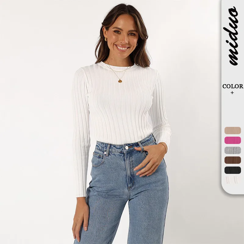 Europe And The United States  New Round Neck Knitted Thread Slim Solid Color Simple Commuter Wind Long Sleeve Top T-shirt