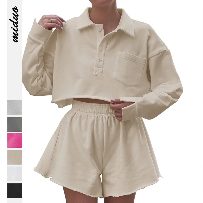 New  POLO Collar Button Pocket Casual Top With Loose Waist Shorts Suit Two-piece Set For Women