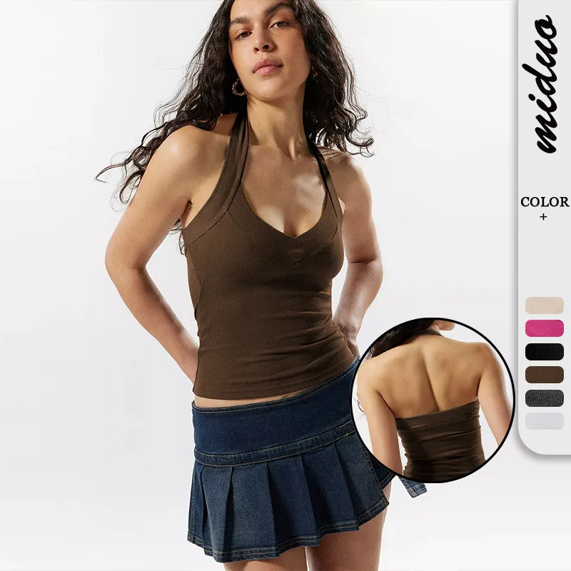 Summer New Hot Hot Spice Girls Solid Color Slim-Fit Thin Rib Slim Backless Top All-Match Sexy Neck Vest