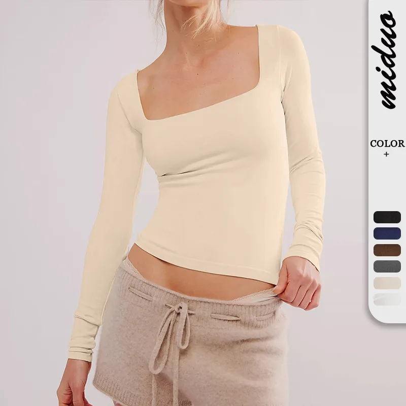 New  Hot T-shirt Solid Color Square Collar Slim-fit Fashion Shoulder Crop Top Elegant High-end All-match Clothes