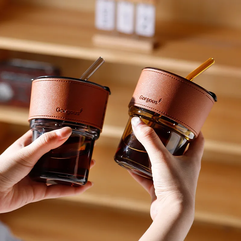Internet Celebrity Glass Bamboo Cup Suction Tube Cup Fruit Juice Beverage Coffee Cup Promotional Gift Cup Glass Water Cup Logo Printing