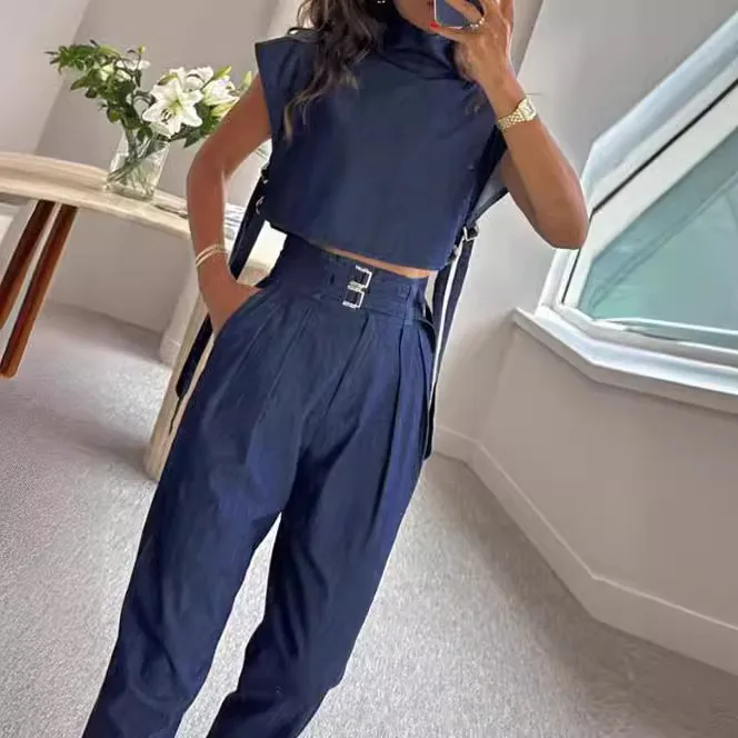 Foreign Trade New  Spring And Summer   Leisure Belt Decorative High Collar Short Sleeve Suit Trousers