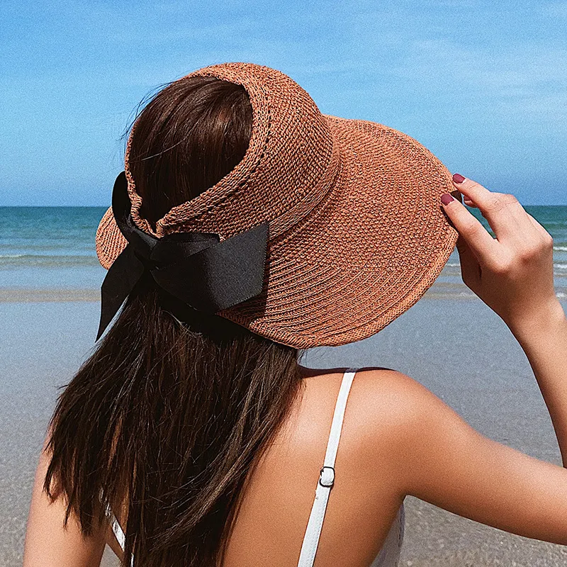 Straw Hat Women's Summer New-style Sunscreen Empty-top Sunshade Hat Beach Travel Roll Hat UV-resistant Face-shading Sun Hat