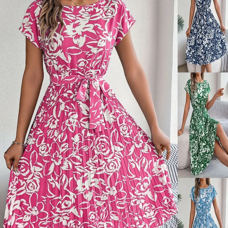 Women's Swing Dress Casual Elegant Round Neck Belt Short Sleeve 3D Print Knee-Length Holiday Daily