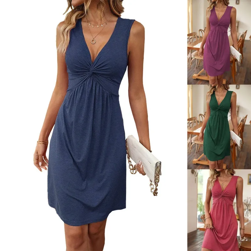 Women's Sheath Dress Elegant Vacation V Neck Pleated Sleeveless Solid Color Knee-Length Holiday Travel Daily