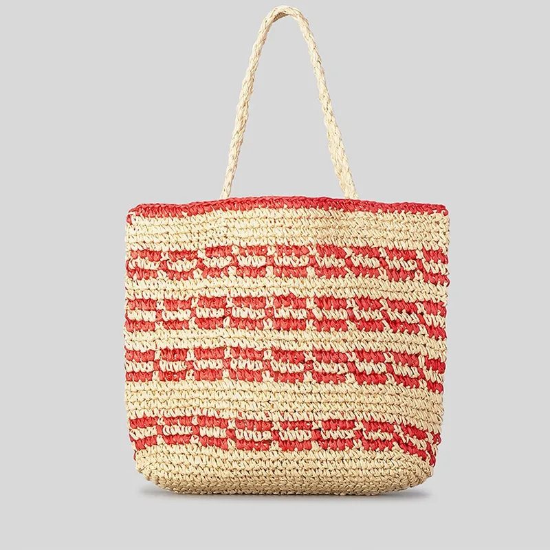 Women's Cotton Rope Straw Color Block Vacation Beach Streetwear Weave Square Open Tote Bag