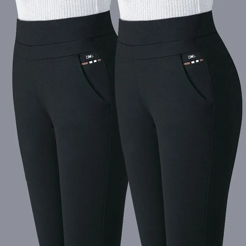 New Pants Women Elastic High Waist Spring Thick Casual Pants Stretch Stripes Slimming Middle-Aged Women's Pants Straight-Leg Trousers