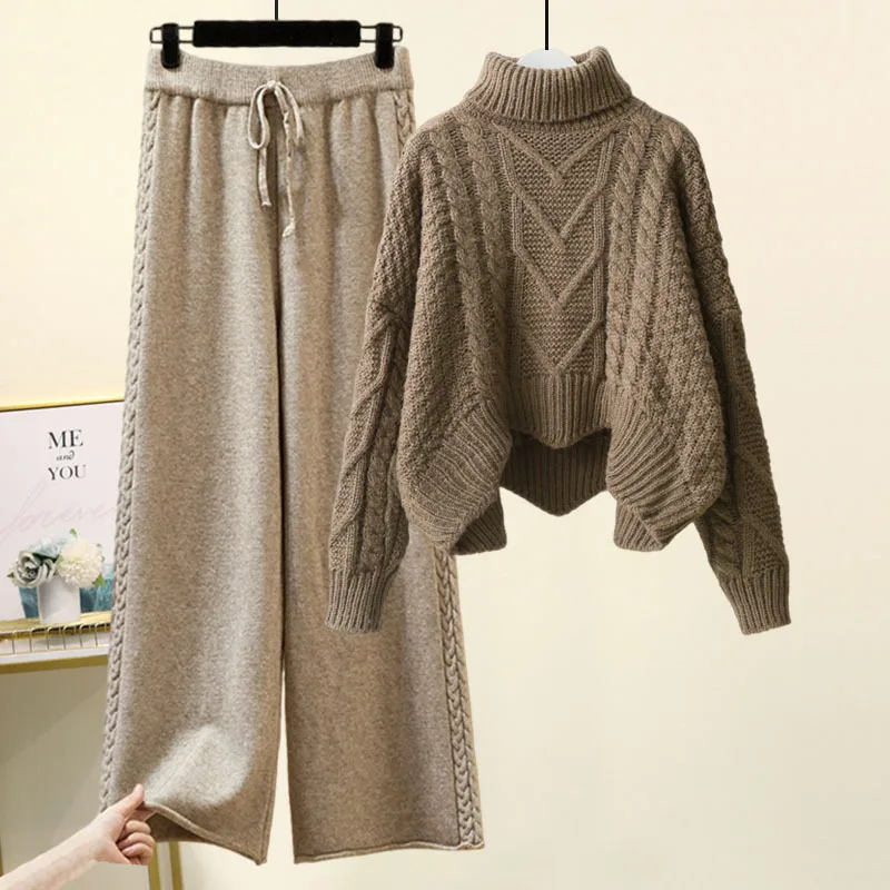 Fleece-lined Thickened Two-Piece Women's Autumn And Winter New High-Neck Twist Pullover Sweater Design Sense Daggedness Wide-Leg Pants
