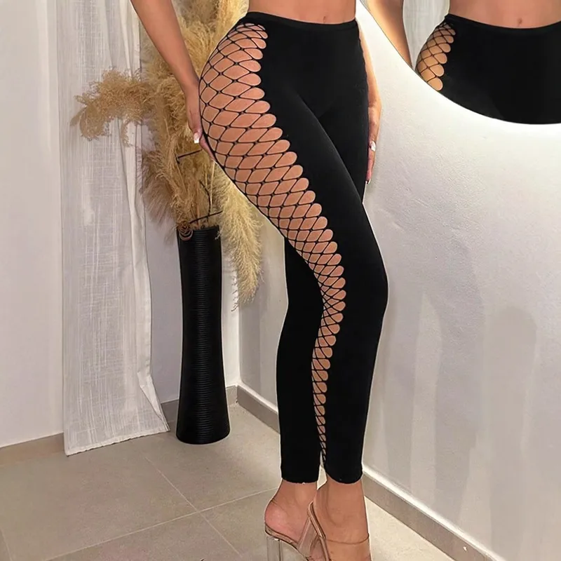 Spring New Women's Fishnet Sexy Versatile Fashion High-Elastic Knit Long Pants Casual Pants Women
