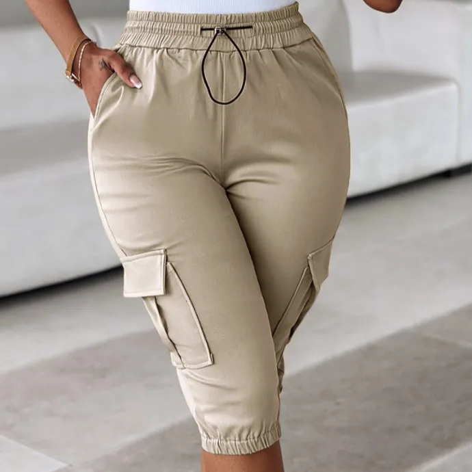 Explosions   Foreign Trade Women's Women's Loose Waist Slim-Fit Slimming Casual Multi-Pocket Solid Color Capri Pants