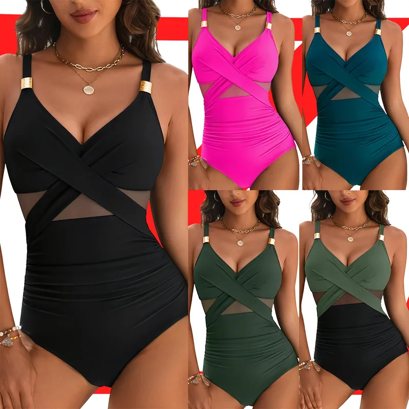 25 New  Foreign Trade  Deep V Mesh Stitching Backless Sexy One-piece Bikini Swimsuit Women
