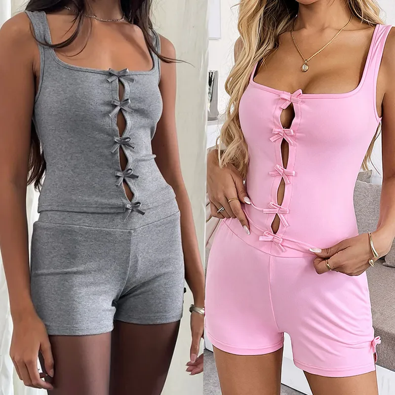 Foreign Trade Independent Station  Women's Pink Pure Fashion Suit Slim Vest Shorts Two-piece Set