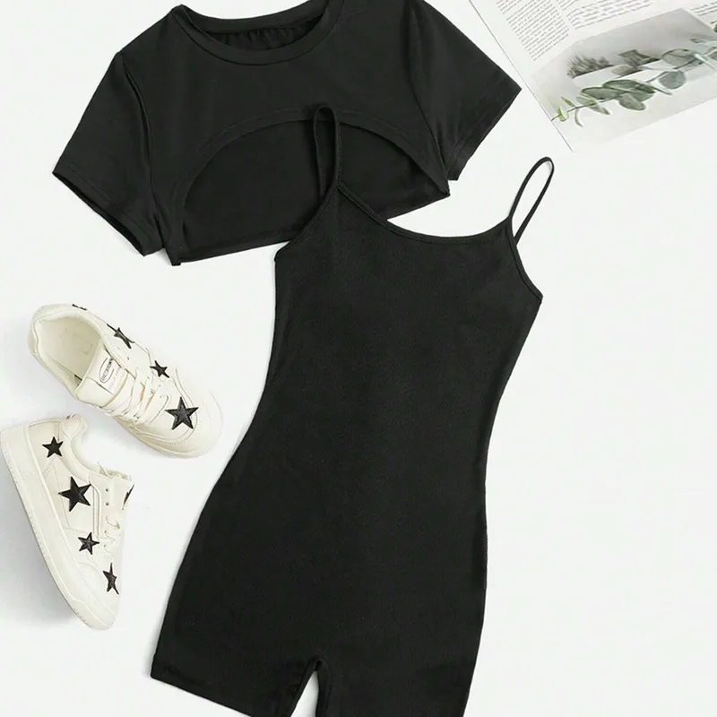 Europe And The United States  Hot Girls Suspenders Jumpsuit Fashion Suit Short Top Black Hip Pants Two-piece Set