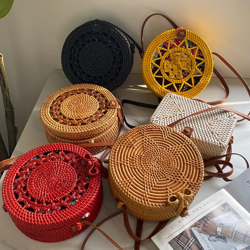 Rattan Bag Ins Crossbody Basket Retro Artistic Travel Hand-woven Shoulder Color Round Leather Buckle Bag