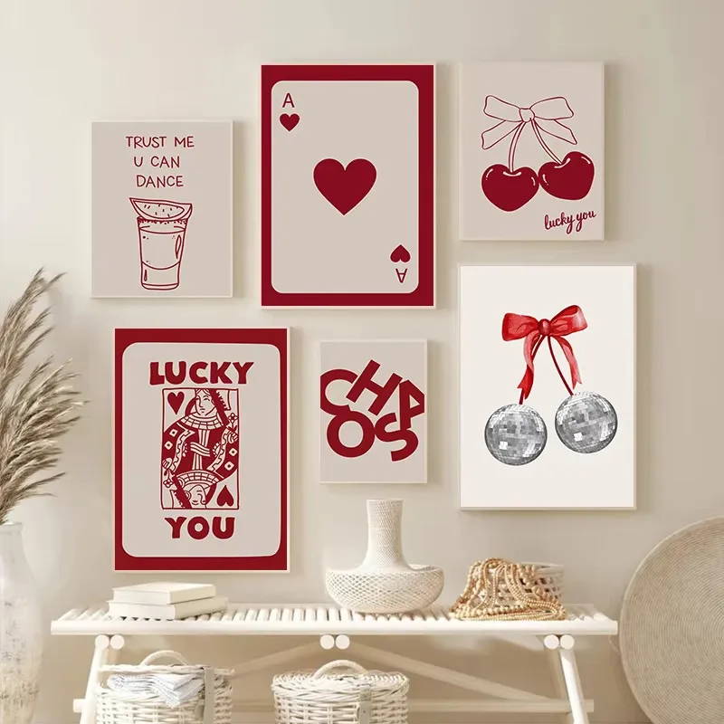 Vintage Fashion Red Bow Poker Love Cherry Living Room Bedroom Decoration Frameless Hanging Painting Poster