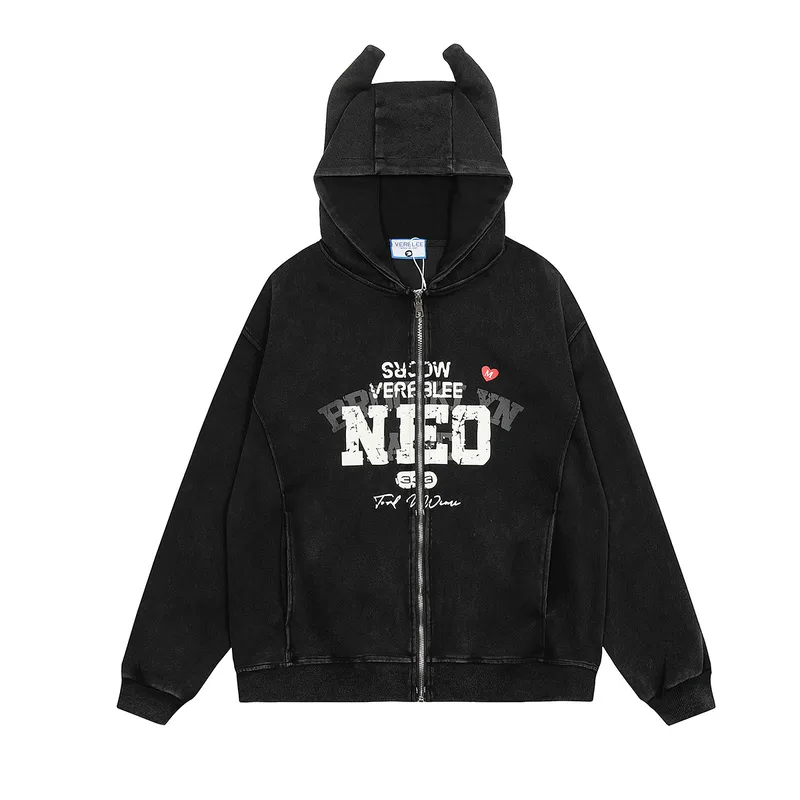 Jiayiku Men's  Spring New American Heavy Washed Hoodie Deviruchi Ear Zipper Cardigan Sweater